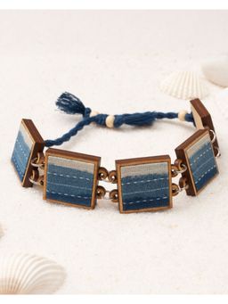 WHE - Blue Repurposed Fabric and Wood Square Bracelet