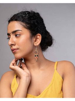 WHE - Ajrakh Black Repurposed Fabric and Wood Round Danglers Earrings