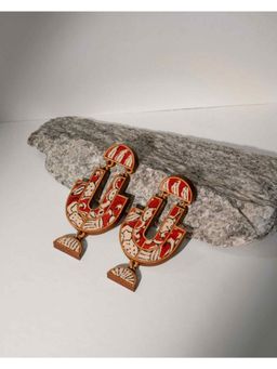 WHE - Red Hand-Blockprinted Repurposed Kalamkari Fabric and Wood Earrings