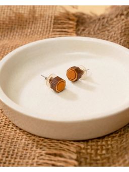 WHE - Unisex Mustard Hexagon Repurposed Fabric and Wood Studs Earrings