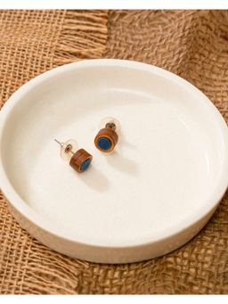 WHE - Unisex Blue Round Repurposed Fabric and Wood Studs Earrings