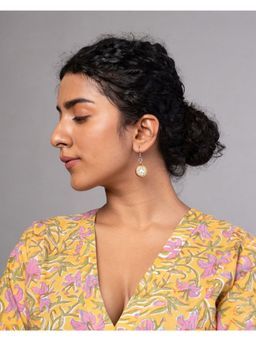 WHE - Green Repurposed Fabric and Wood Round Danglers Earrings
