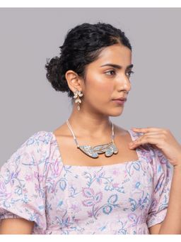 WHE - Blue White Bloom Repurposed Fabric and Wood Leaf Dangler Earrings