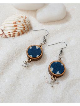 WHE - Indigo Blue Fabric and Repurposed Wood Dangler Earrings