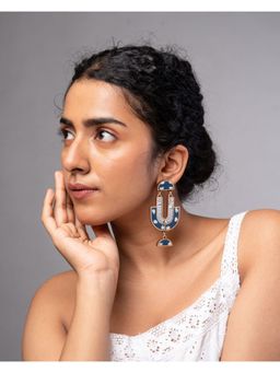 WHE - Indigo Blue Repurposed Fabric and Wood Statement Earrings