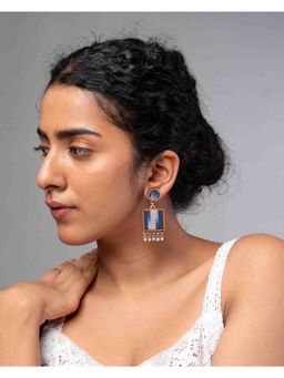 WHE - Blue Ikat Fabric and Repurposed Wood Square Danglers Earrings