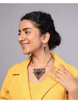 WHE - Multicolor Ajrakh Repurposed Fabric and Wood Triangular Earrings