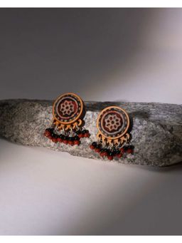 WHE - Multicolor Ajrakh Repurposed Fabric and Wood Round Drop Earrings