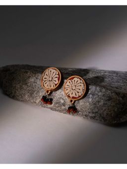 WHE - Multicolor Floral Kalamkari Repurposed Fabric and Wood Round Drop Earrings