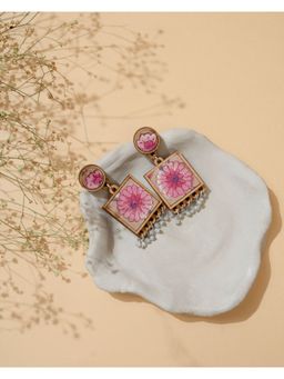 WHE - Floral Pink Square Repurposed Fabric and Wood Earrings