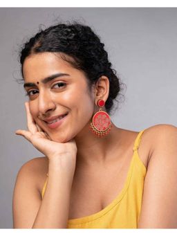 WHE - Red Festive Fabric and Repurposed Wood Round Danglers Earrings