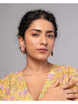 WHE - Double Square Pink Repurposed Fabric and Wood Earrings