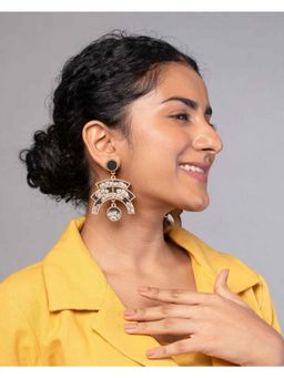 WHE - Black Kalamkari Floral Arch Repurposed Fabric and Wood Statement Earrings