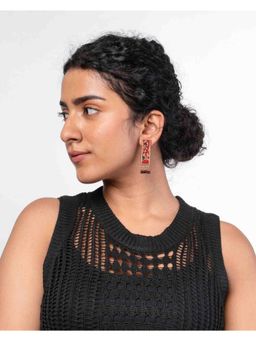 WHE - Red Ajrakh Repurposed Fabric and Wood with Beads Earrings