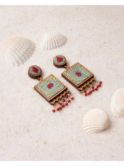 WHE - Kantha Columbia Blue Repurposed Silk Fabric and Wood Earrings
