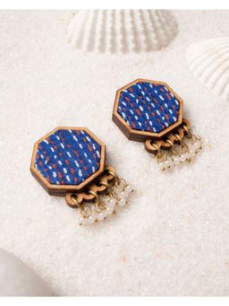 WHE - Navy Blue Kantha Repurposed Silk Fabric and Wood Earrings