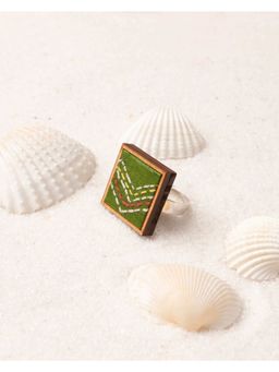 WHE - Kantha Green Repurposed Silk Fabric and Wood Ring