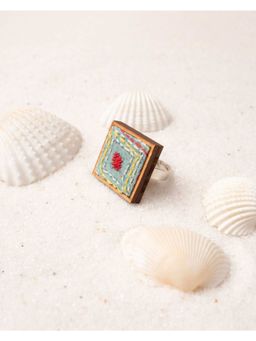WHE - Kantha Columbia Blue Repurposed Silk Fabric and Wood Ring