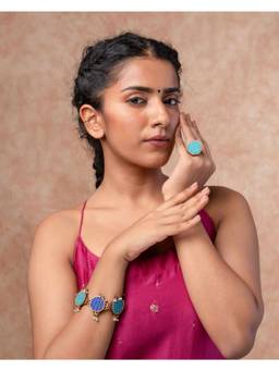 WHE - Turquoise Kantha Repurposed Silk Fabric and Wood Ring