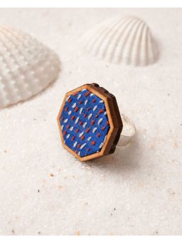 WHE - Navy Blue Kantha Repurposed Silk Fabric and Wood Ring