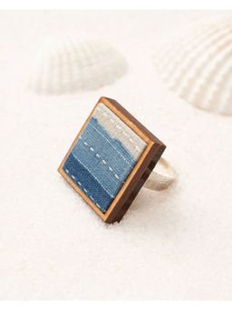 WHE - Blue Repurposed Fabric and Wood Square Ring