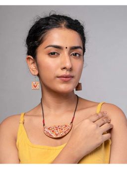 WHE - Red Repurposed Kalamkari Fabric and Wood Necklace