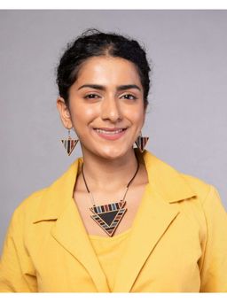 WHE - Black Ajrakh Repurposed Fabric and Wood Triangular Necklace