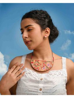 WHE - Floral Half Moon Multicolor Repurposed Fabric and Wood Necklace