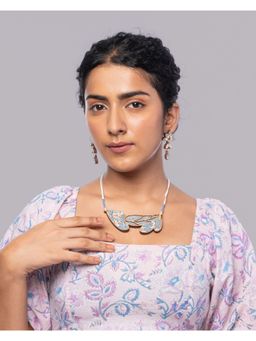 WHE - Blue Bloom Leaf Motif Repurposed Fabric and Wood Necklace