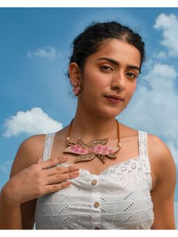 WHE - Pink Bloom Leaf Motif Repurposed Fabric and Wood Necklace