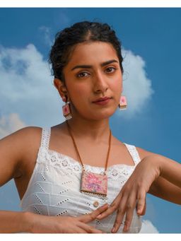 WHE - 2 in 1 Floral Pink and Green Square Repurposed Fabric and Wood Necklace