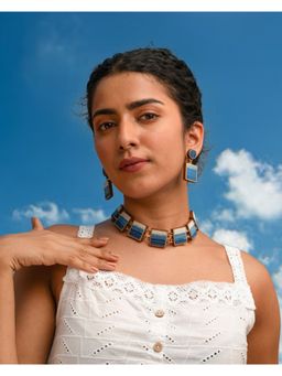 WHE - Blue Repurposed Fabric and Wood Square Necklace