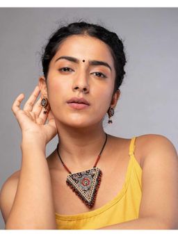 WHE - 2 in 1 Multicolor Repurposed Fabric and Wood Triangle Necklace