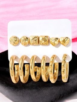 OOMPH - Gold Heart Sqaure and Round Shape Stud with Hoop Earrings (Pack of 6)