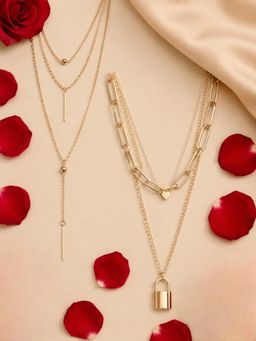 OOMPH - Gold Tone Link Chain Lock Multi Layer Necklace (Pack of 2)