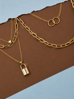 OOMPH - Gold Tone Link Chain Heart and Lock Multi Layer Necklaces (Pack of 2)