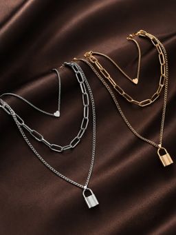 OOMPH - Multi-color Link Chain Heart and Lock Multi Layer Necklaces (Pack of 2)