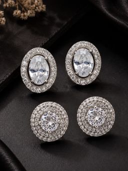 OOMPH - Silver Cubic Zirconia Oval and Round Solitaire Stud Earrings (Pack of 2)