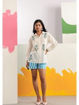 PRIAME by Scakhi - Aqua Block Printed Poplin Shirt with Striped Shorts