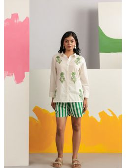 PRIAME by Scakhi - Green Block Printed Poplin Shirt with Striped Shorts