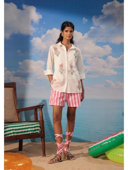 PRIAME by Scakhi - Hot Pink Block Printed Poplin Shirt with Striped Shorts