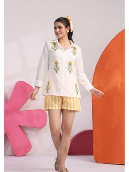 PRIAME by Scakhi - Mango Yellow Block Printed Poplin Shirt with Striped Shorts