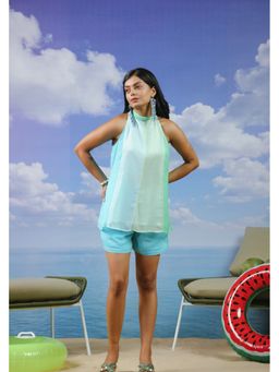 PRIAME by Scakhi - Aqua Colourblocked Chiffon Halter Neck Top with Shorts