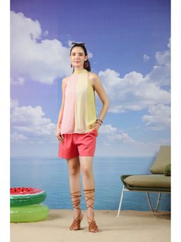PRIAME by Scakhi - Pink Colourblocked Chiffon Halter Neck Top with Shorts