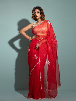 Geroo Jaipur - Red Handcrafted Gota Patti Organza Saree with Unstitched Blouse