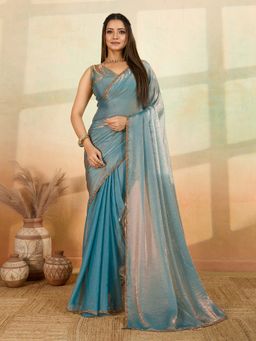 VAIRAGEE - Blue Solid Saree with Unstitched Blouse