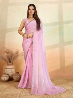 VAIRAGEE - Pink Solid Saree with Unstitched Blouse