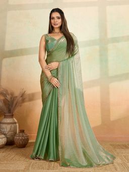 VAIRAGEE - Green Solid Saree with Unstitched Blouse