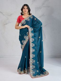 VAIRAGEE - Teal Embroidered Saree with Unstitched Blouse