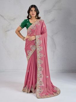 VAIRAGEE - Pink Embroidered Saree with Unstitched Blouse
